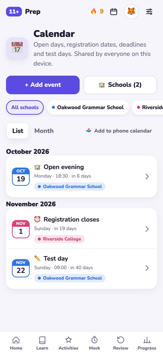 The calendar showing an open evening, a registration deadline and a test day for two schools