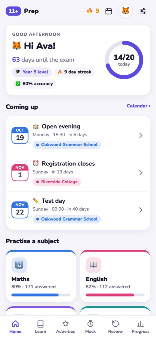 The 11+ Prep home screen with a daily goal, a streak and upcoming school dates