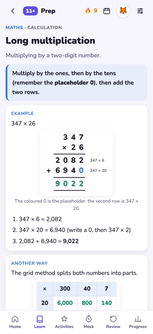 A revision note on long multiplication with a worked example