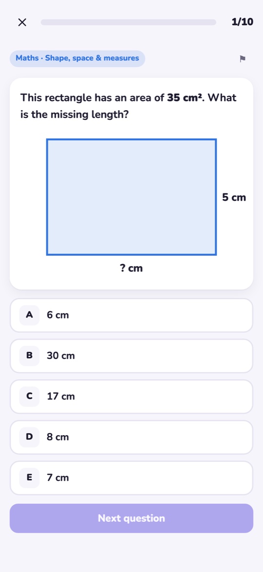 A Maths question asking for the missing side of a rectangle, with five answer choices