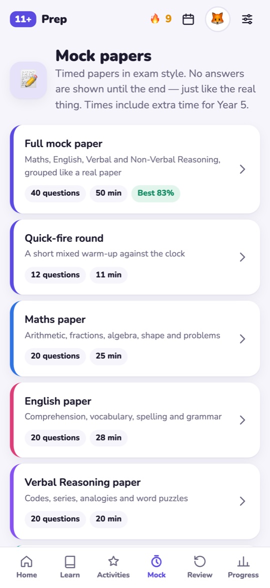 The list of mock papers: a full mock paper, a quick-fire round and a paper for each subject